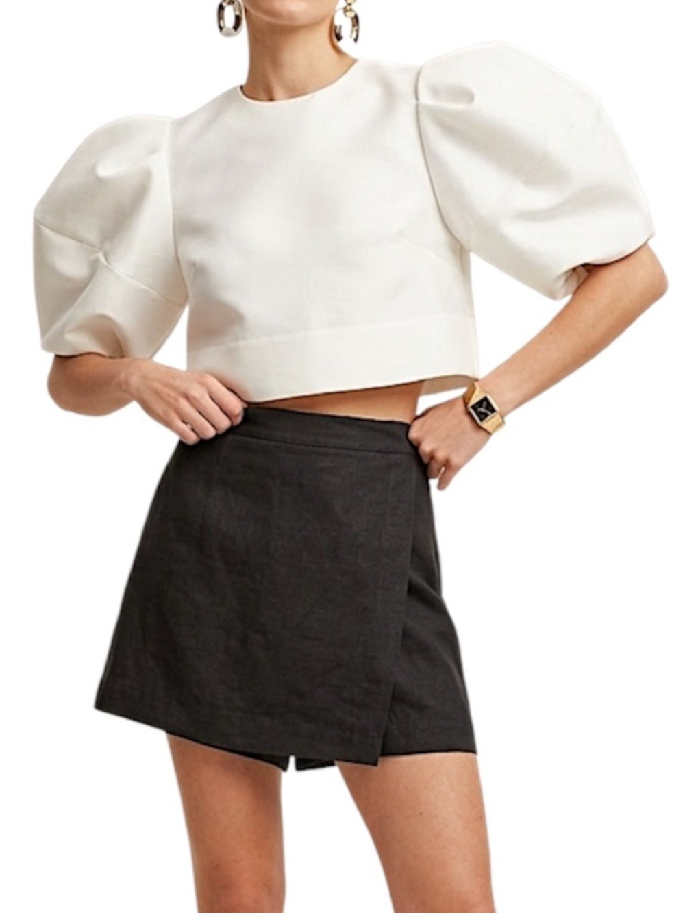 Uniqlo minimalist linen blend black high waist mini skirt shorts skort L